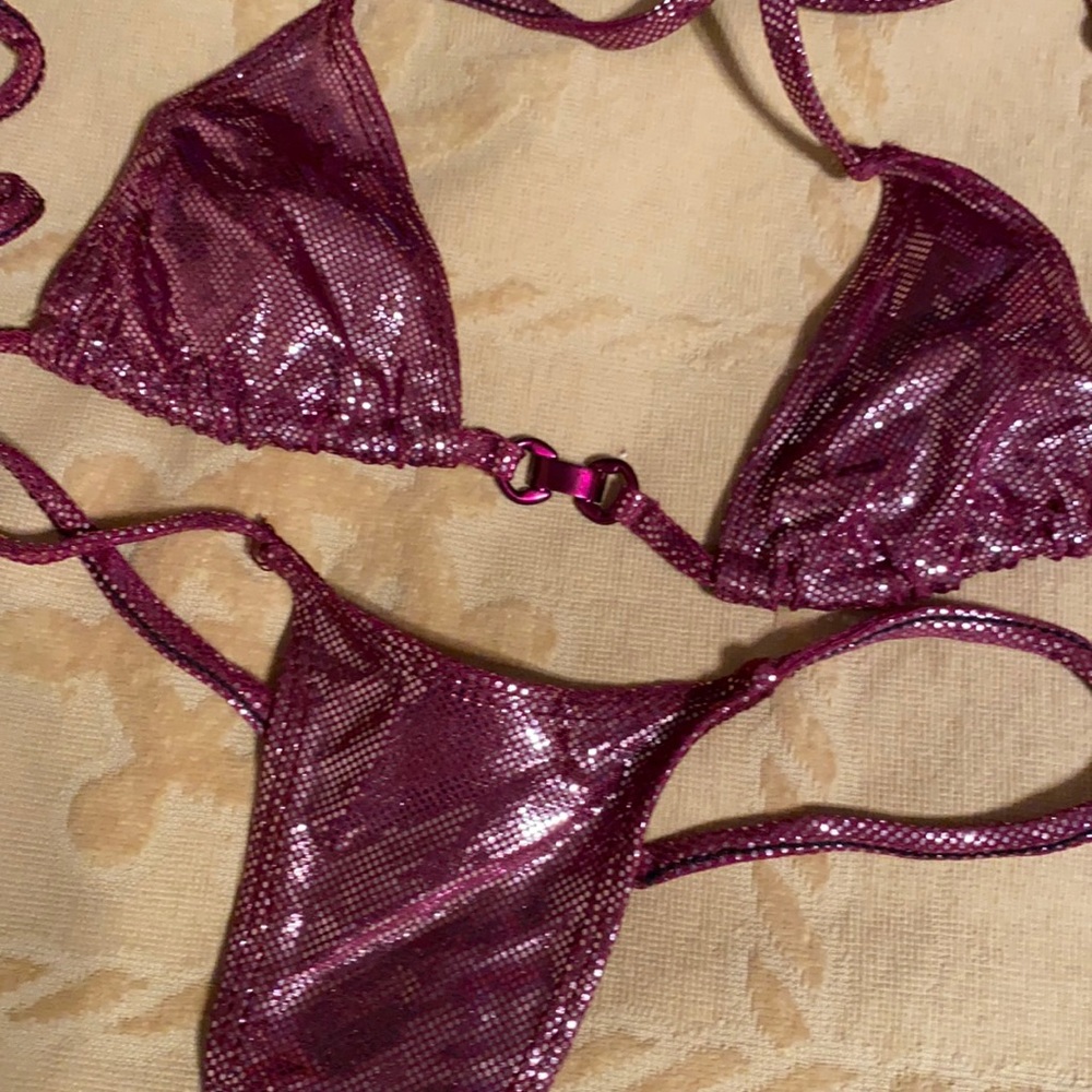 Raspberry Glitter Triangle Thong Bikini